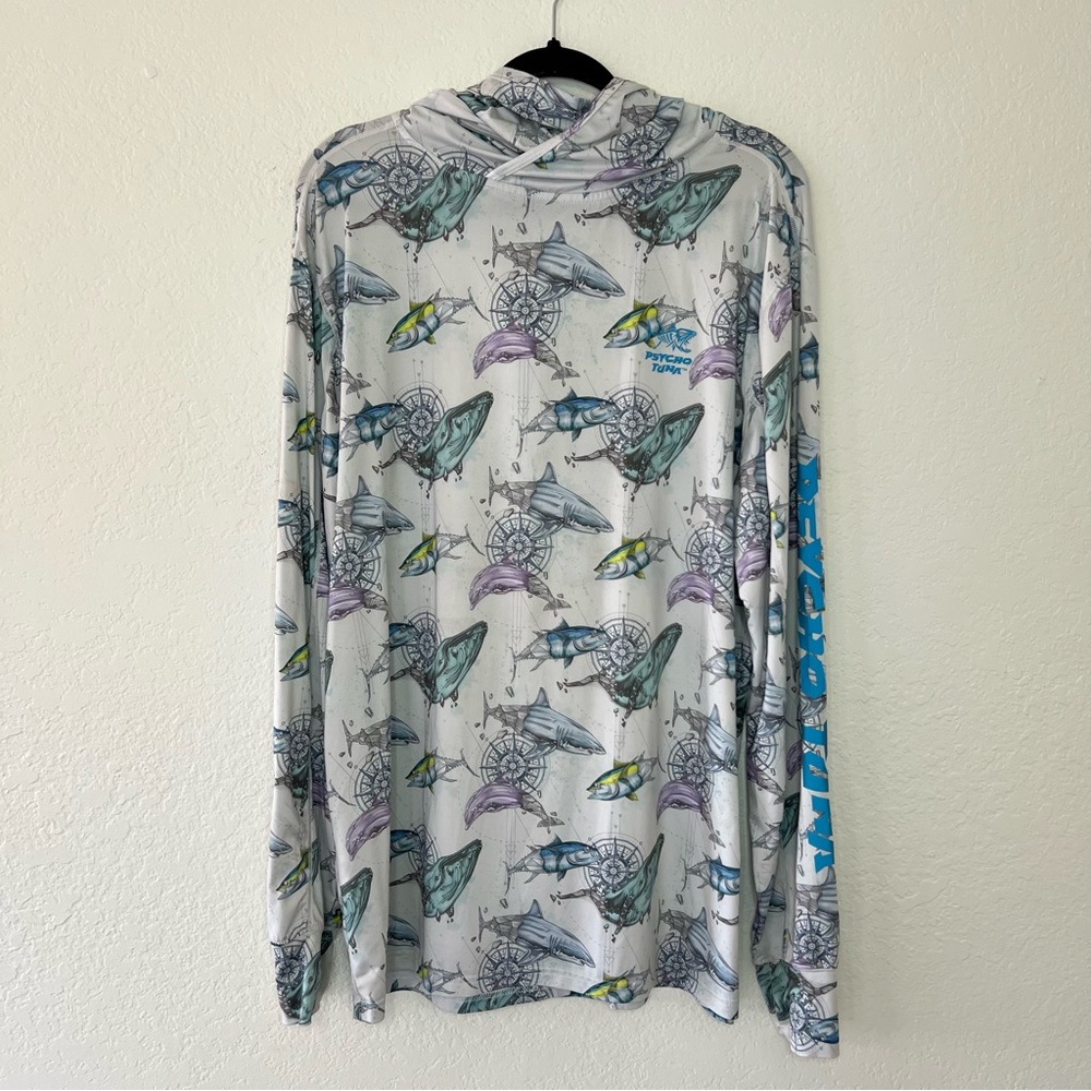 Psycho Tuna Men’s Large Gray Hooded Long Sleeve Shirt Shark Whale All Over Print